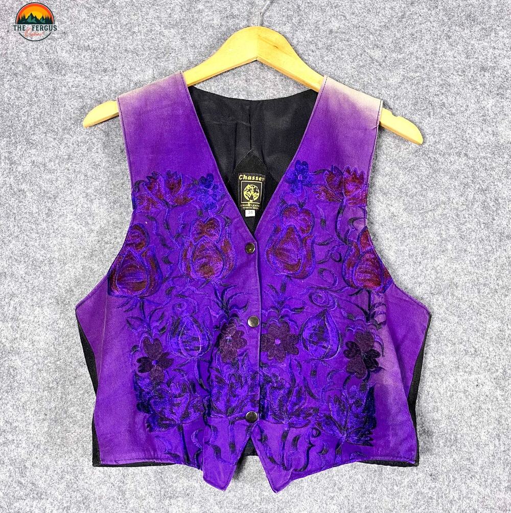 Chasser Vest Purple Genuine Leather Hand-Dyed Embroidered Flower Women's 34